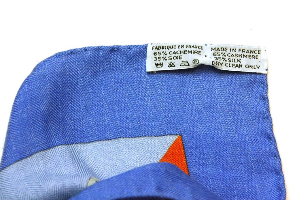 HERMES Blue & Orange Equestrian Print Cashmere Blend Scarf 1