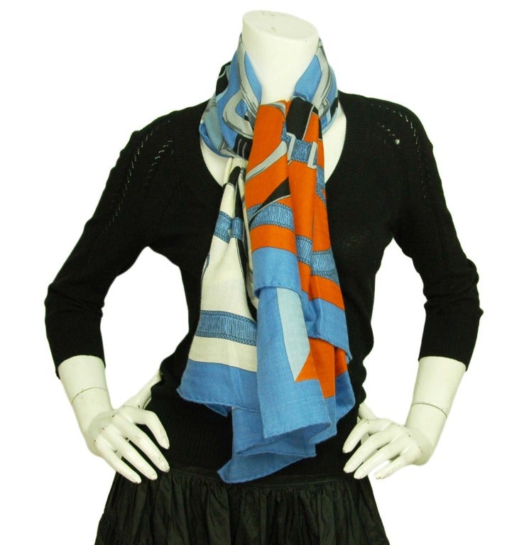 HERMES Blue & Orange Equestrian Print Cashmere Blend Scarf 2