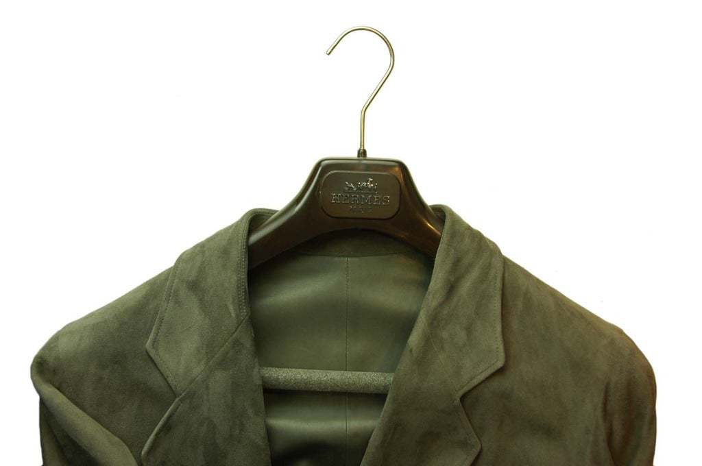 HERMES Grey Suede Coat W. Leather Lining & Belt Sz. 42 1