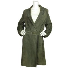 HERMES Grey Suede Coat W. Leather Lining & Belt Sz. 42