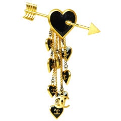 CHANEL Gold & Black Enamel Arrow & Dangling Hearts Pin c. 2002