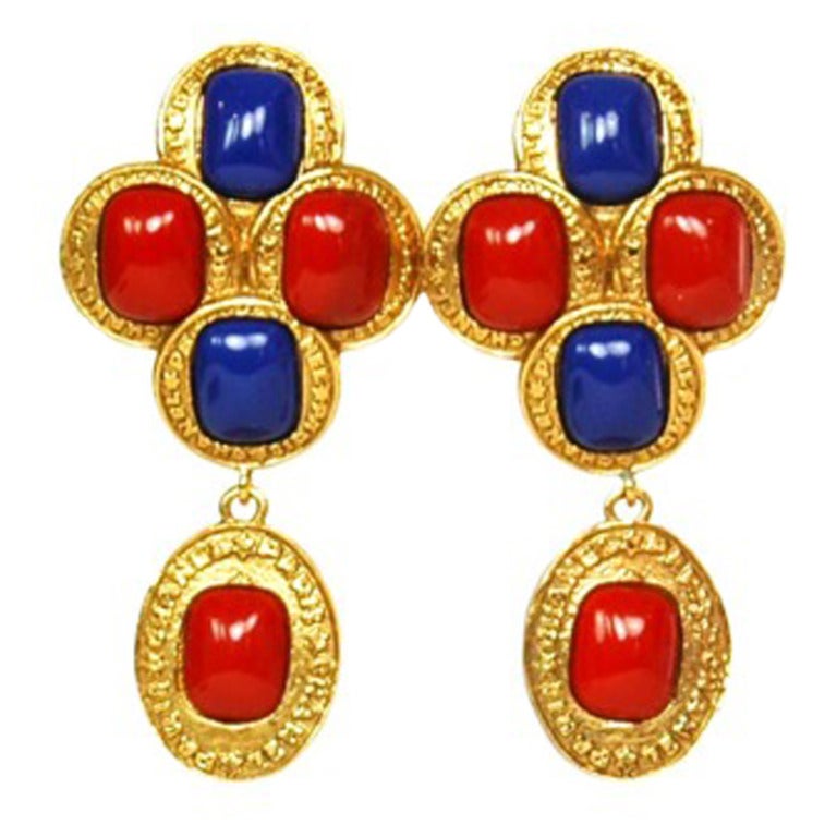 CHANEL Vintage '88 Red & Blue Enamel Gold Dangle Clip On Earrings