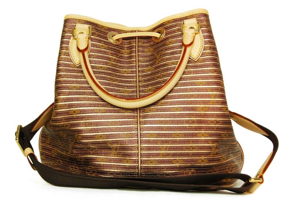 LOUIS VUITTON Brown Monogram Striped 'Eden Neo Peche' Drawstring Bag RT. $2.880 c. 2010 In Excellent Condition In New York, NY