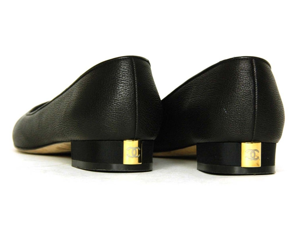 CHANEL Black Leather Flats W. Grosgrain Cap Toe Sz. 39.5 RT. $750 c. 2012 1