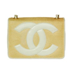 Chanel Vintage '86 Raffia Mini Shoulder Bag w. CC and Chain Strap