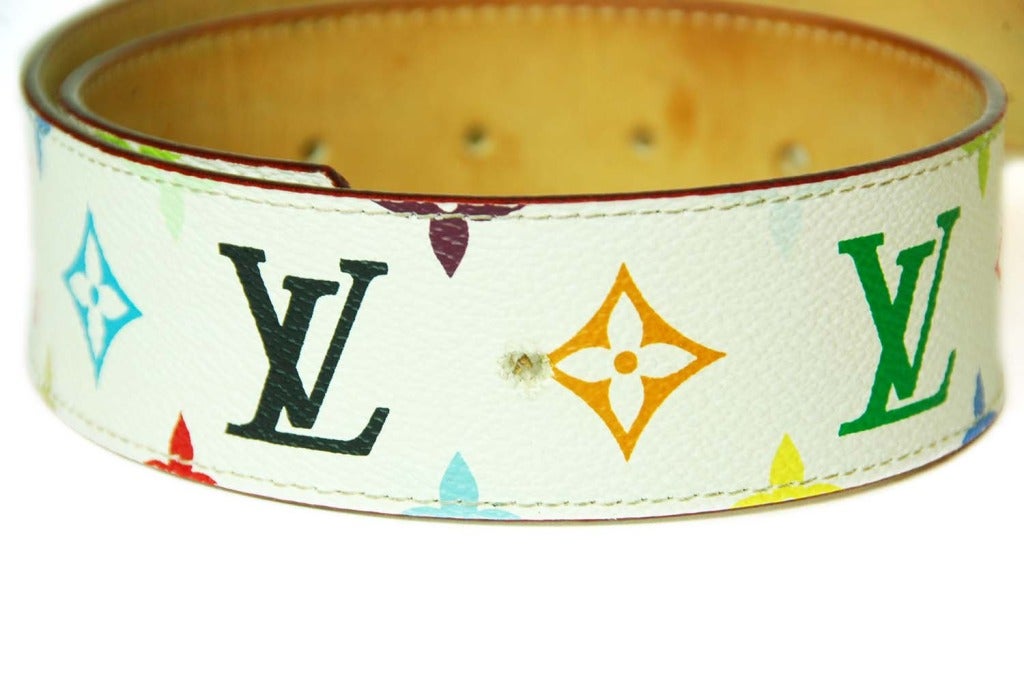 Louis Vuitton Multi Color Monogram on White Belt w/Gold Buckle:SHIPS  FREE(16034)
