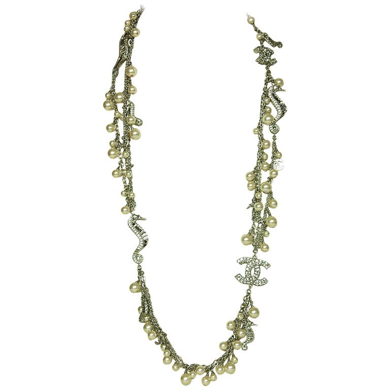CHANEL Silvertone Chain Necklace W/Hanging Pearls, Rhinestone CC's and Seahorses (Rt. $6, 500)