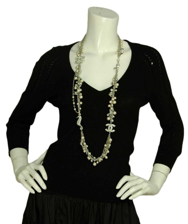 CHANEL Silvertone Chain Necklace W/Hanging Pearls, Rhinestone CC's and