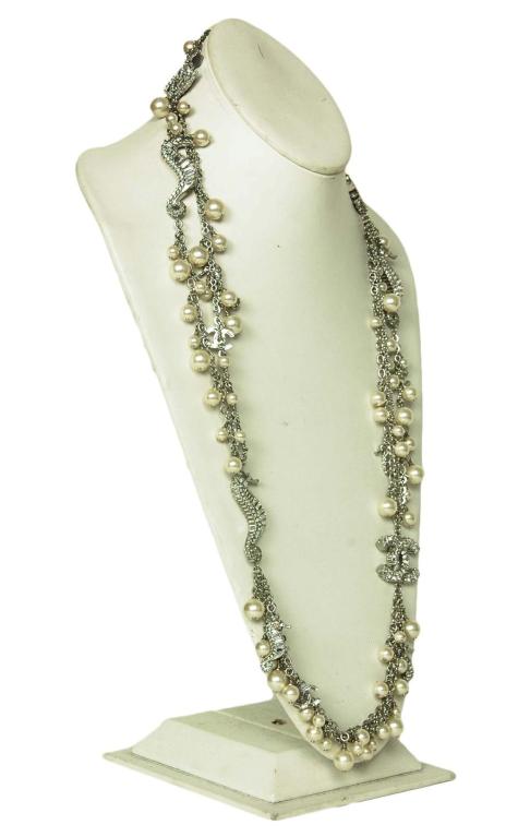 CHANEL Silvertone Chain Necklace W/Hanging Pearls, Rhinestone CC's and Seahorses (Rt. $6, 500) In New Condition In New York, NY