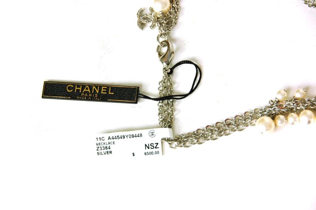 Women's CHANEL Silvertone Chain Necklace W/Hanging Pearls, Rhinestone CC's and Seahorses (Rt. $6, 500)