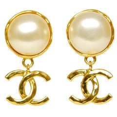 CHANEL Goldtone And Pearl Clip On Earrings W/Dangling CC