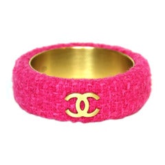 CHANEL Pink Fabric Bangle With Goldtone CC's