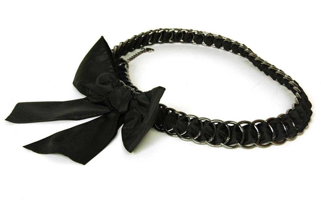 CHANEL Black Satin Chain Belt w. Bow