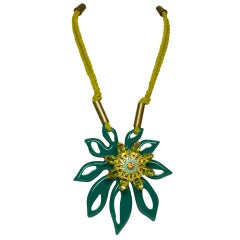 LANVIN Olive Rope Necklace W/ Teal Resin Flower