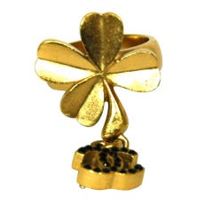 CHANEL Goldtone Flower Ring With Dangling CC