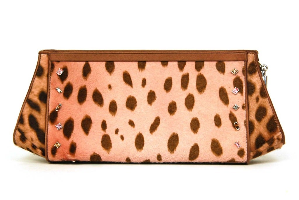 JUDITH LEIBER Pink Ponyhair Leopard Print Clutch w. Chain In Excellent Condition In New York, NY