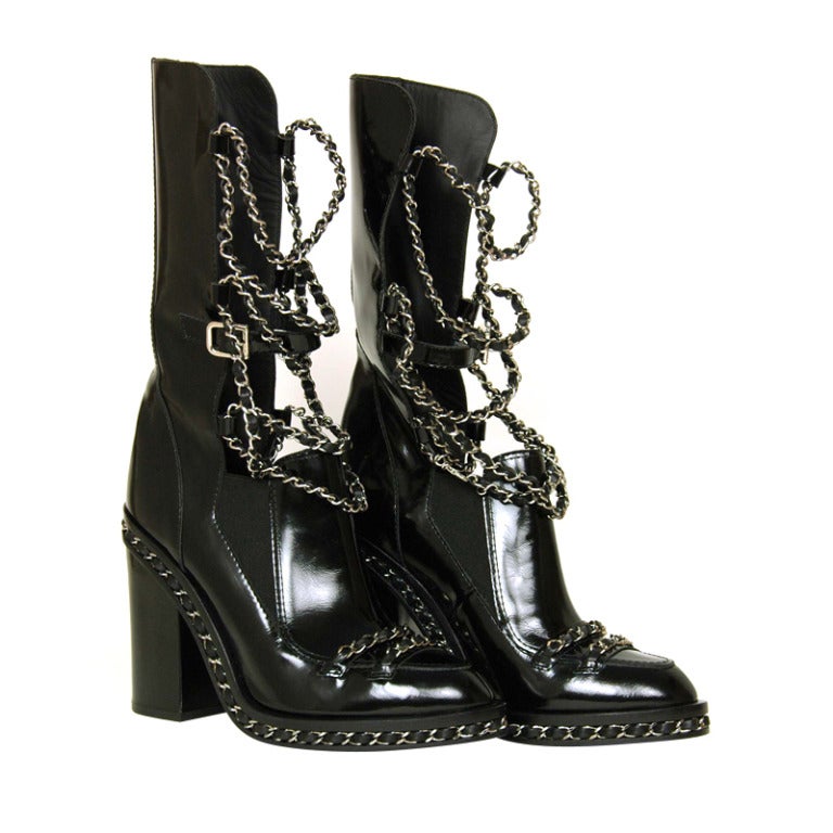 CHANEL Black Glazed Chain Obsession Boots w/ Thigh-high Lambskin Gaiter  Leggings sz 38