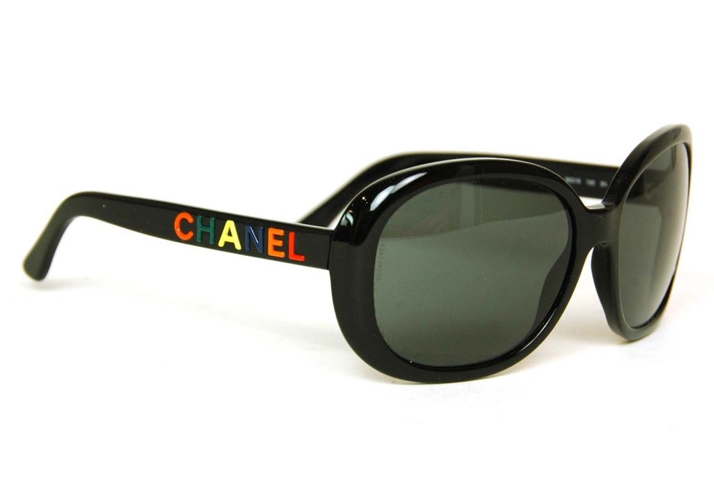 CHANEL Black Resin Sunglasses With Multi-Colored Letters