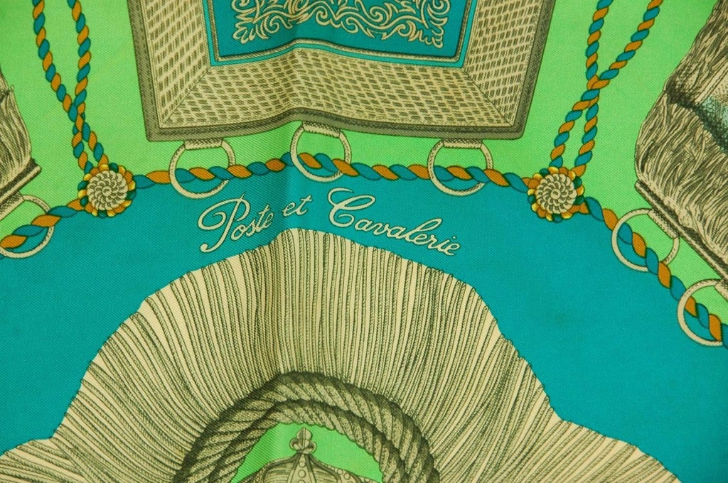 HERMES Blue & Green 'Poste et Cavalerie' 90cm Silk Scarf In Good Condition In New York, NY