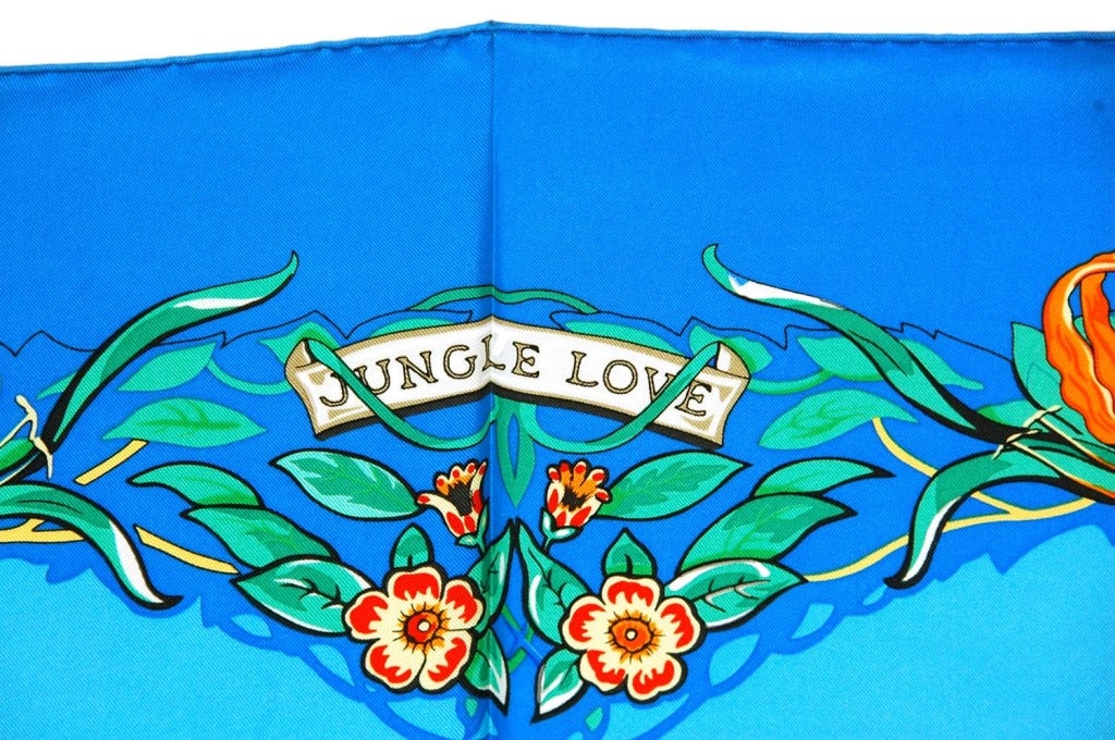 HERMES NIB Blue 'Jungle Love' Silk Scarf In New Condition In New York, NY