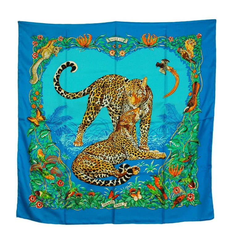 Foulard en soie 'Jungle Love' bleu NIB HERMES