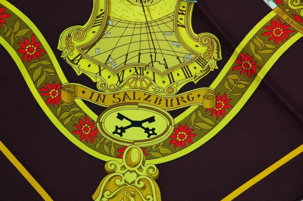 HERMES Maroon 'IN SALZBURG' Opera House Silk Print Scarf