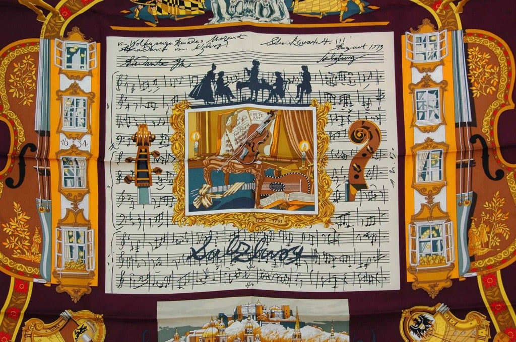 HERMES Maroon 'IN SALZBURG' Opera House Silk Print Scarf In Excellent Condition In New York, NY