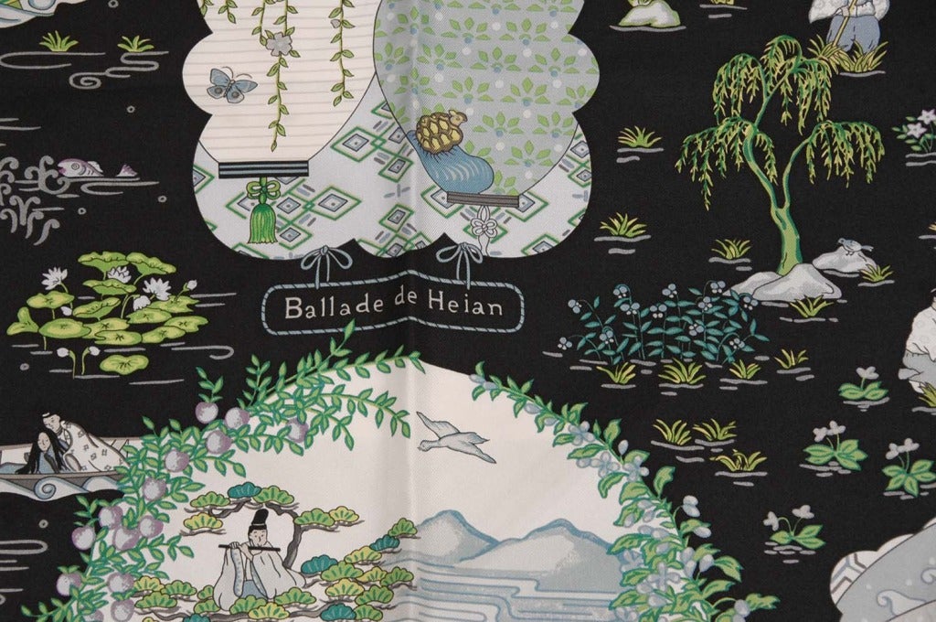 Hermes NIB Black 'BALLADE DE HEIAN' Silk Scarf

Made in France
Composition: 100% Silk
Features Asian garden scene
Labeled 