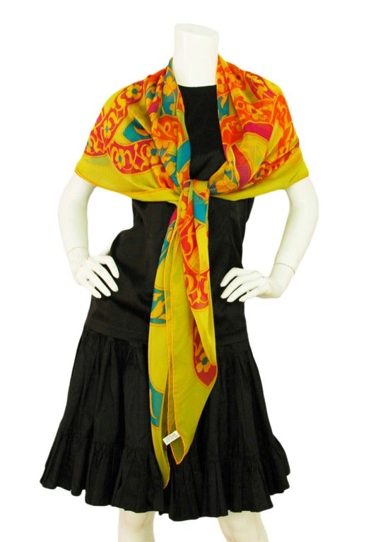 CHANEL Yellow, Orange & Blue CC Print Silk Chiffon Sheer Shawl/Scarf 2
