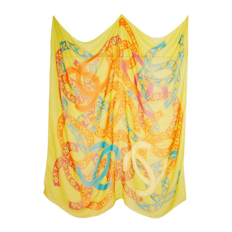 CHANEL Yellow, Orange & Blue CC Print Silk Chiffon Sheer Shawl/Scarf