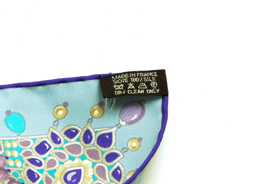 HERMES Blue & Purple Jeweled Print 'PARURES DE MAHARAJAS' 90cm Silk Scarf 2