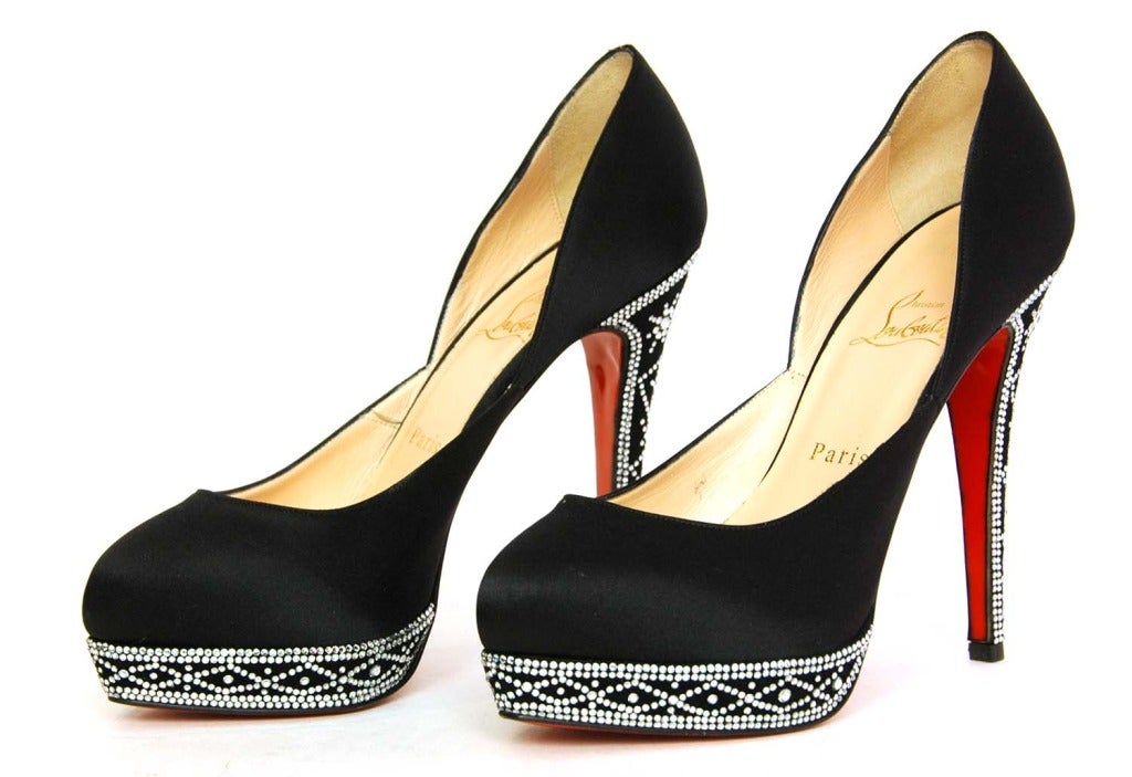 Christian Louboutin Black Satin EUGENIE Shoes W/Rhinestone Trim - Sz 8

 Made in Italy
 Materials: satin, rhinestones
 Rhinestone design around platform and heel
 Stamped 