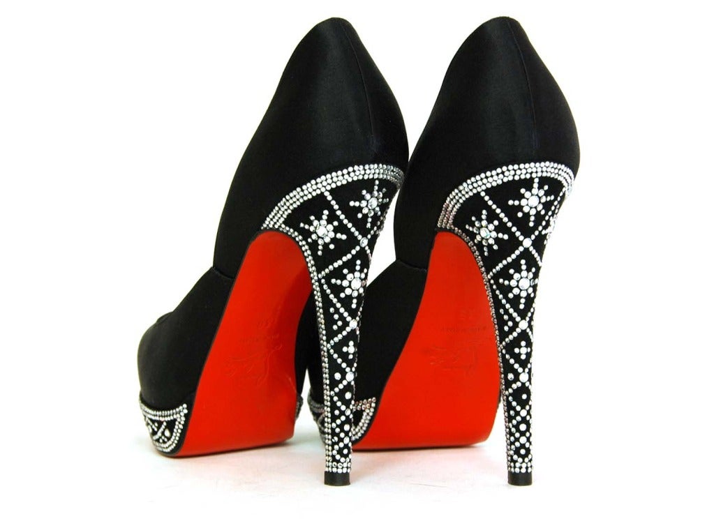 CHRISTIAN LOUBOUTIN Black Satin EUGENIE Shoes W/Rhinestone Trim - Sz 8 In New Condition In New York, NY