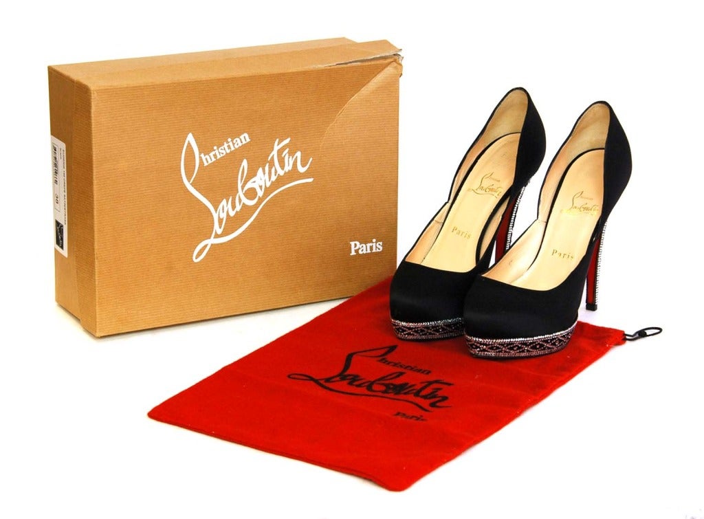 CHRISTIAN LOUBOUTIN Black Satin EUGENIE Shoes W/Rhinestone Trim - Sz 8 1