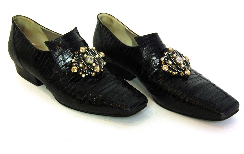 Chanel Black Lizard Shoes W/Zipper & Bead Cluster
 Made in Italy
 Materials: lizard, crystal and pearl beads
 Slip on
 Stamped 
