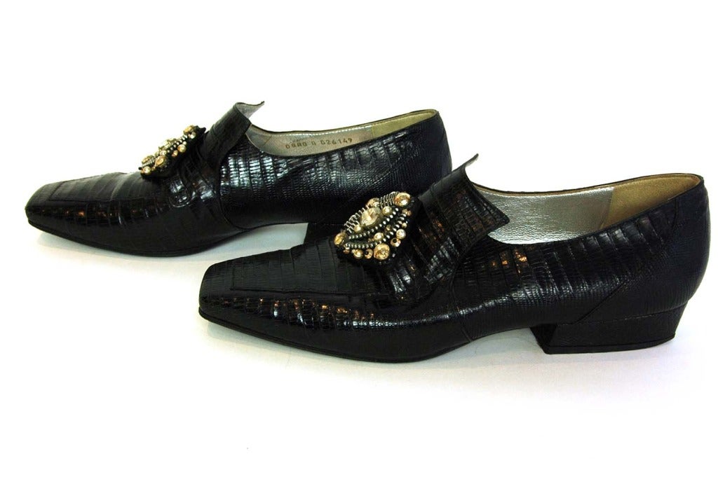 CHANEL Black Lizard Shoes W/Zipper & Bead Cluster - Sz 39 In Good Condition In New York, NY