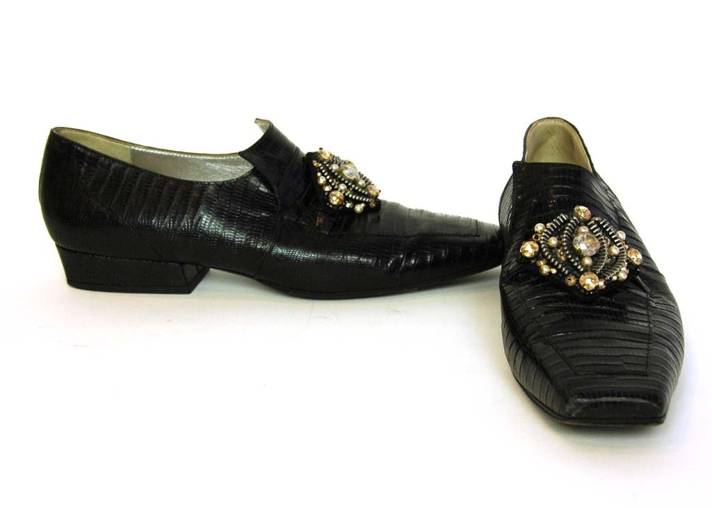 CHANEL Black Lizard Shoes W/Zipper & Bead Cluster - Sz 39 1