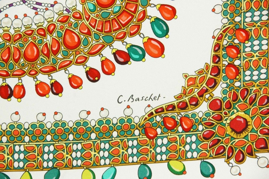 HERMES White PARURES DE MAHARAJAS Orange & Green Jeweled Scarf In New Condition In New York, NY