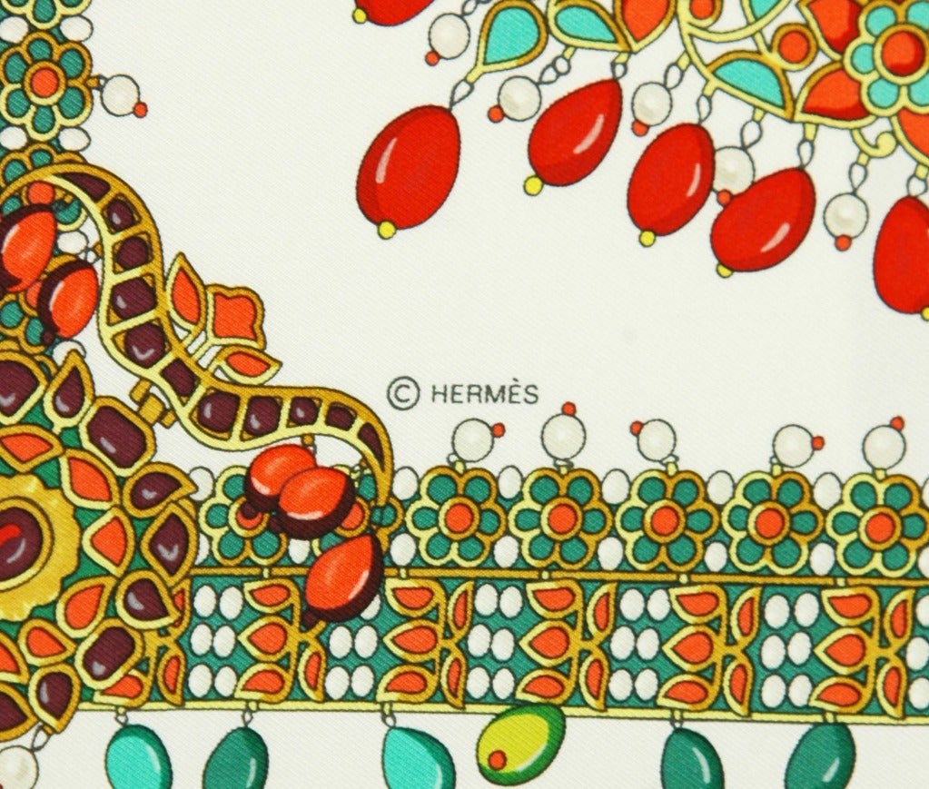 Women's HERMES White PARURES DE MAHARAJAS Orange & Green Jeweled Scarf