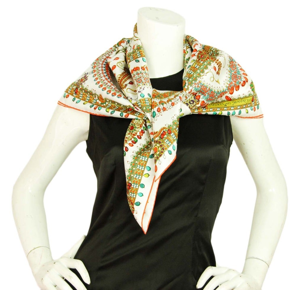 HERMES White PARURES DE MAHARAJAS Orange & Green Jeweled Scarf 1