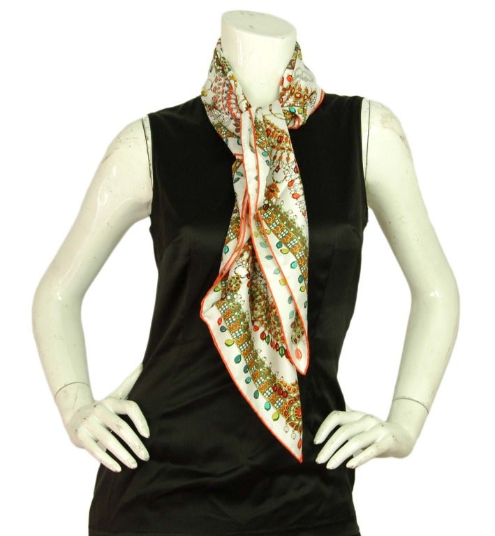 HERMES White PARURES DE MAHARAJAS Orange & Green Jeweled Scarf 2