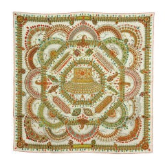 HERMES White PARURES DE MAHARAJAS Orange & Green Jeweled Scarf