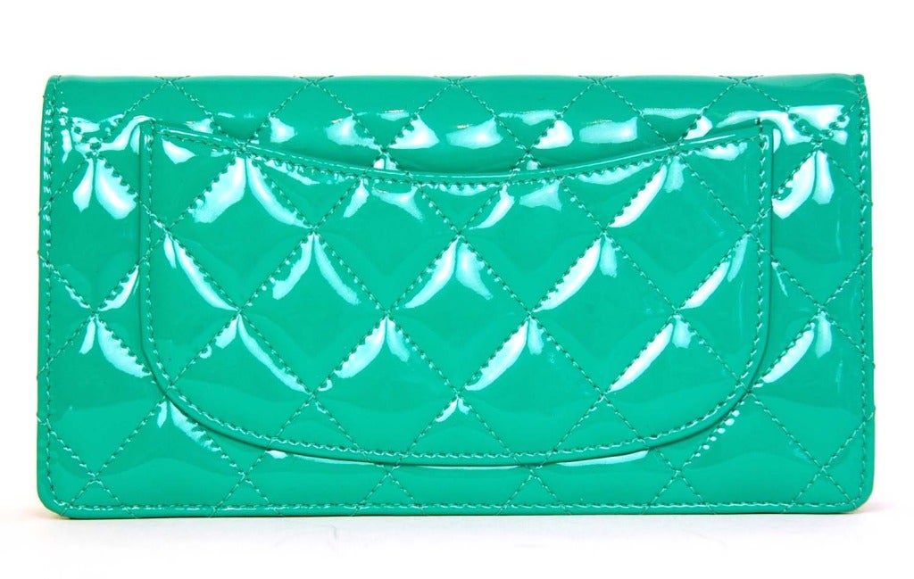 Women's CHANEL NIB Turquoise Quilted Patent Leather Long Wallet