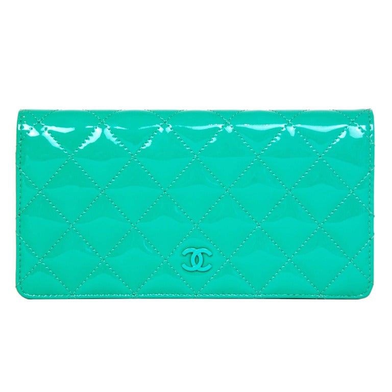 CHANEL NIB Turquoise Quilted Patent Leather Long Wallet