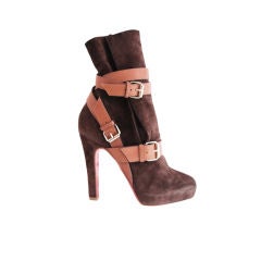 CHRISTIAN LOUBOUTIN BROWN SUEDE TRI-BUCKLE STRAP BOOTS - SZ 38.5