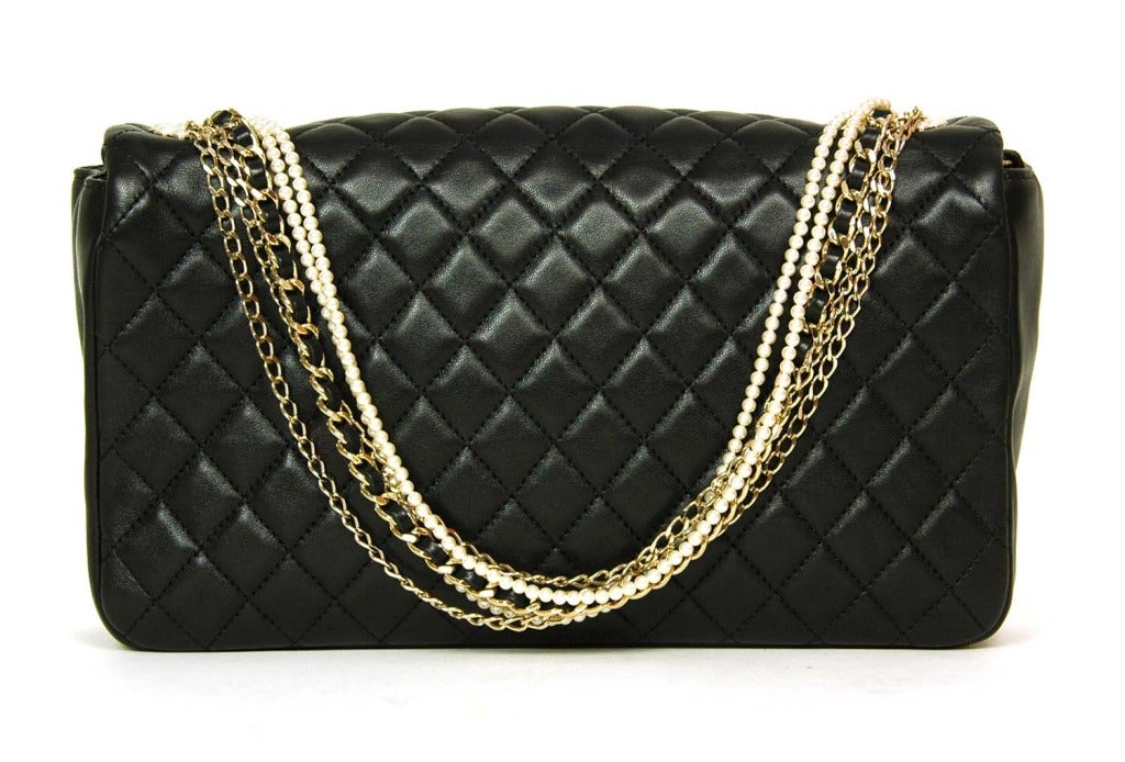 Chanel Black Quilted Leather Westminster Classic Flap Bag W Pearl In Excellent Condition In New York, NY