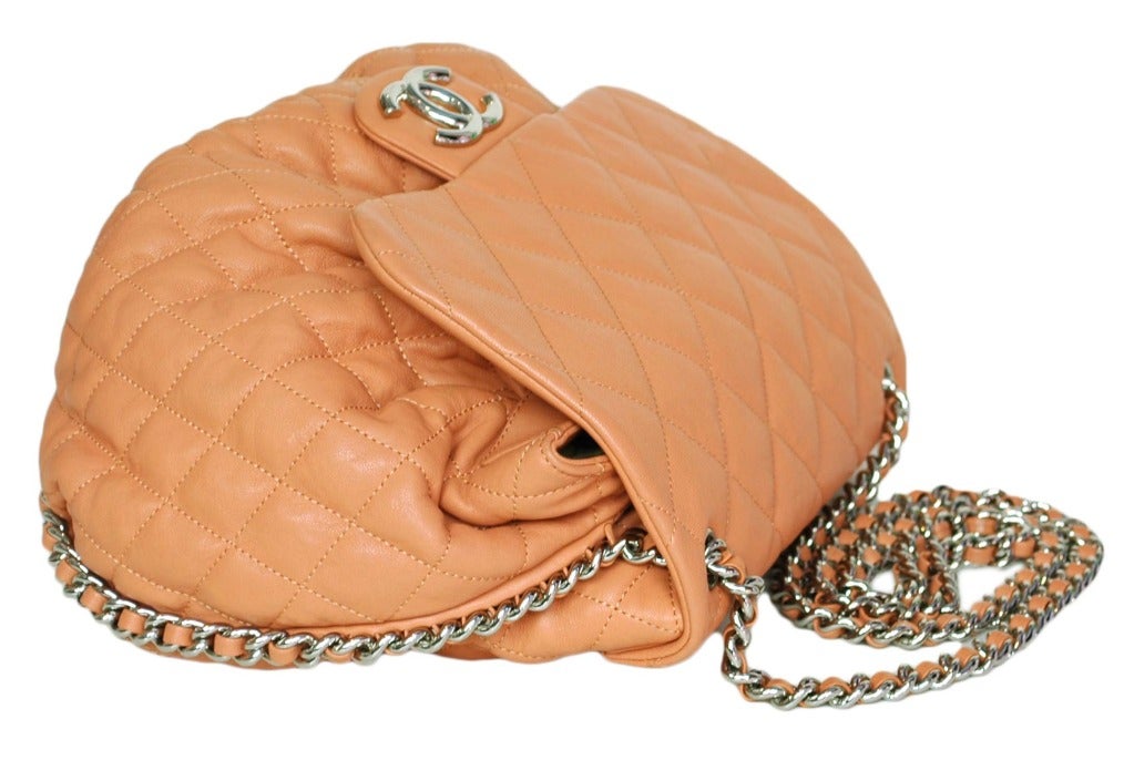 Chanel Peach Quilted Leather Large Chain Around Cross Body Bag In Excellent Condition In New York, NY