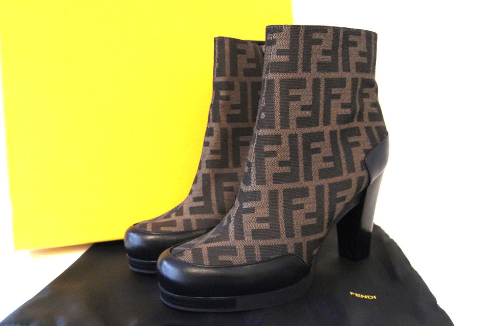 FENDI CANVAS ZUCCA PRINT ANKLE SIDE-ZIP BOOTS 6