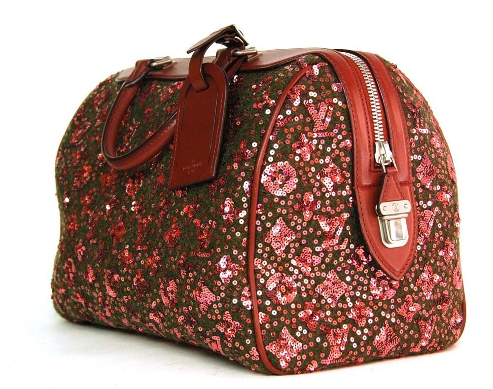 c. 2012-2013
Made in Italy
Burgundy leather trim with brown wool body and burgundy/pink 3D sequin monogram detail.
Antiqued silvertone hardware.
Burgundy grosgrain lining. 
Limited edition style
Interior slip pocket
Top zipper closure
ID