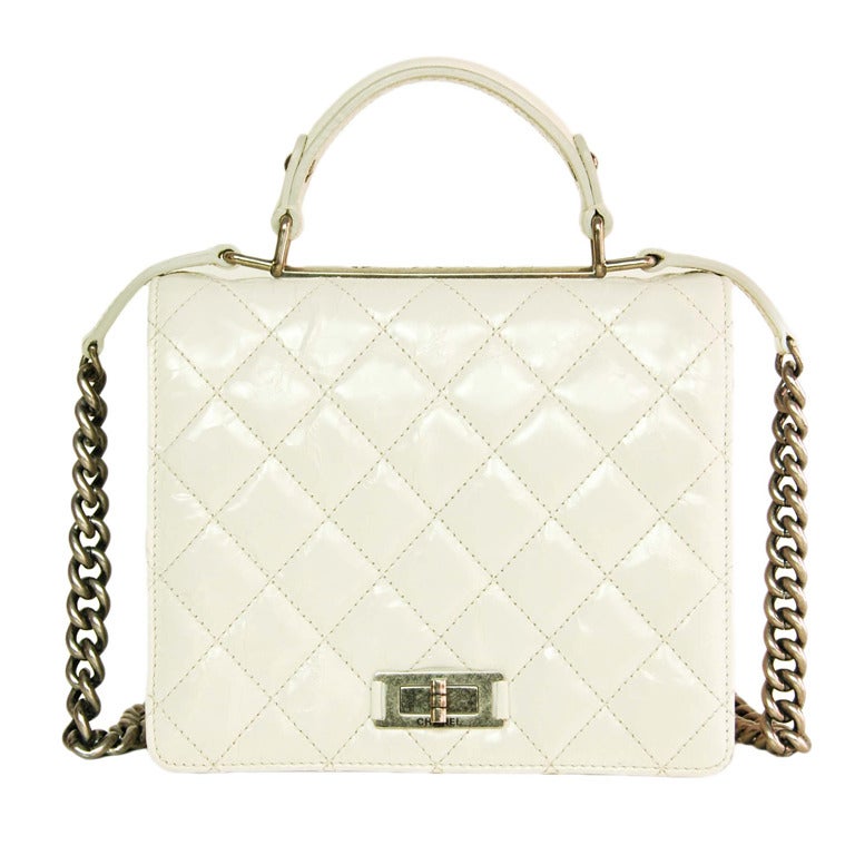 Chanel DIstressed & Quilted Ivory Leather 2.55 'Rita' Bag w. Chain Strap